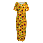 Watercolor Sunflower Pattern Print Short Sleeve Long Nightdress