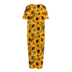 Watercolor Sunflower Pattern Print Short Sleeve Long Nightdress