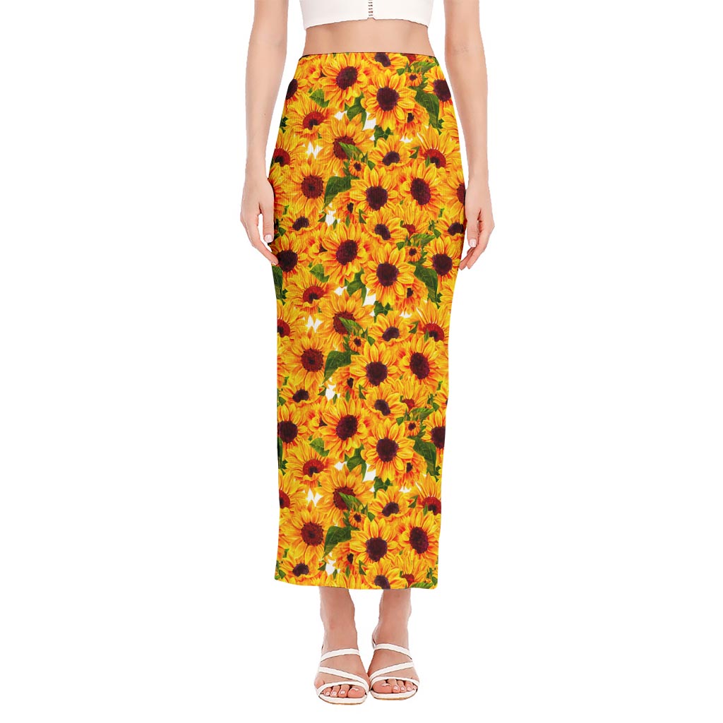 Watercolor Sunflower Pattern Print Side Slit Maxi Skirt