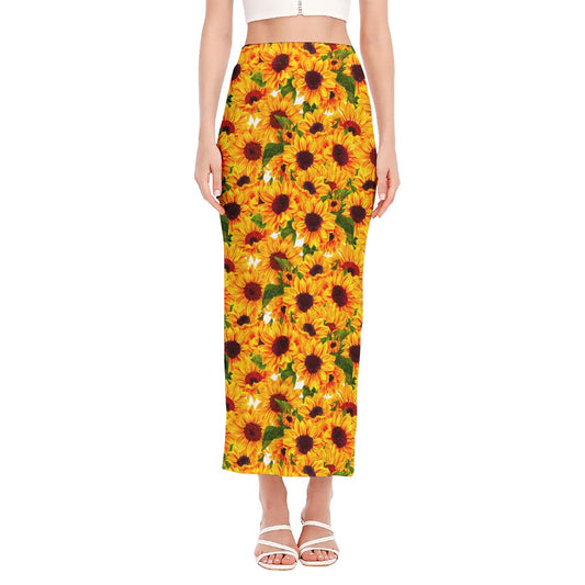Watercolor Sunflower Pattern Print Side Slit Maxi Skirt