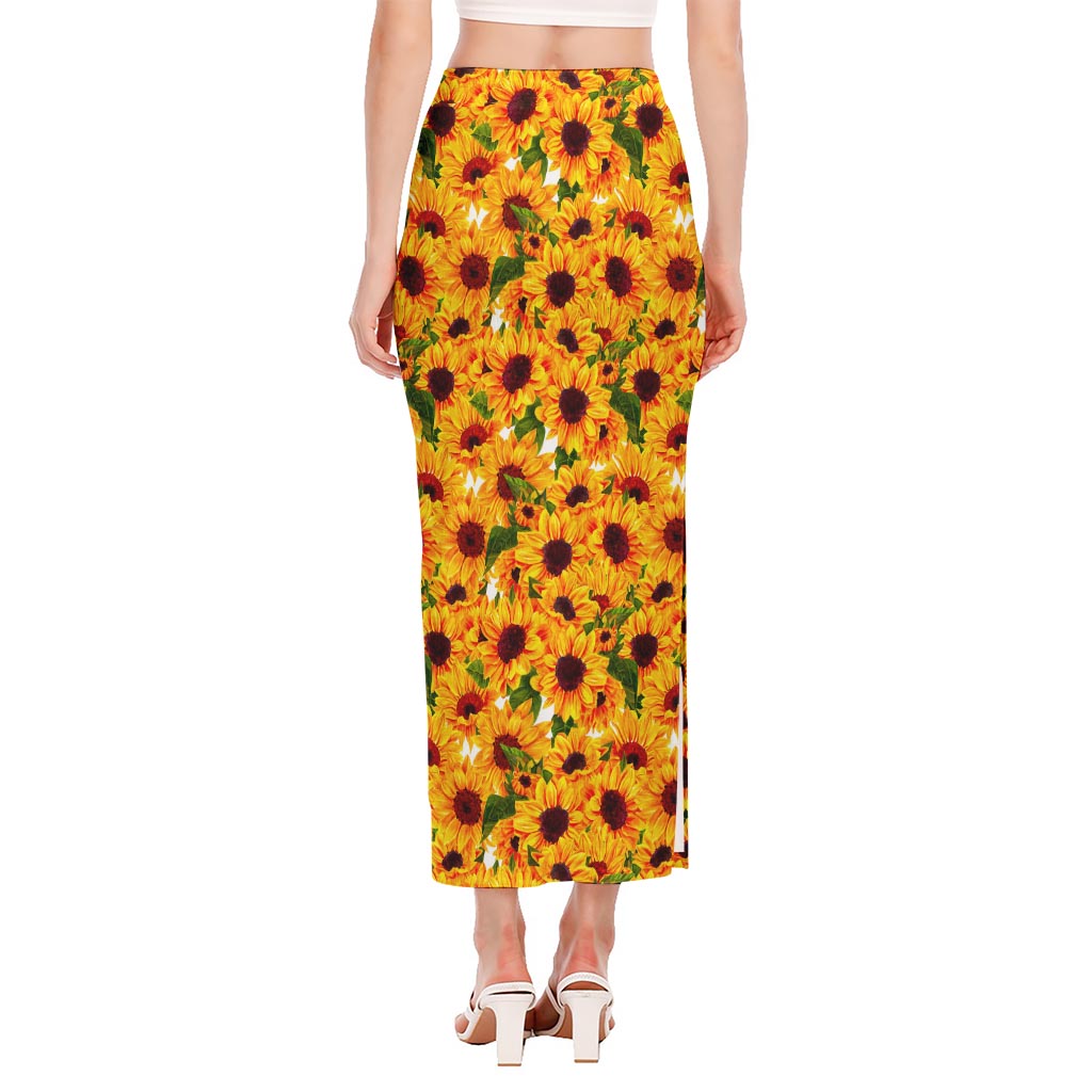 Watercolor Sunflower Pattern Print Side Slit Maxi Skirt
