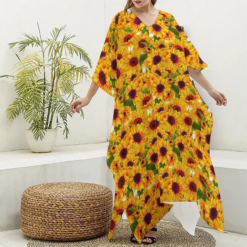 Watercolor Sunflower Pattern Print Silk V-Neck Kaftan Dress