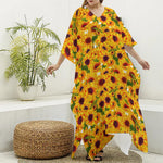 Watercolor Sunflower Pattern Print Silk V-Neck Kaftan Dress