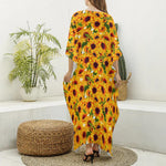 Watercolor Sunflower Pattern Print Silk V-Neck Kaftan Dress
