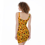 Watercolor Sunflower Pattern Print Sleeveless Bodycon Dress