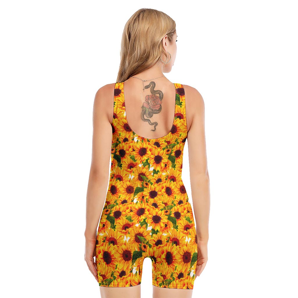 Watercolor Sunflower Pattern Print Sleeveless One Piece Swimsuit