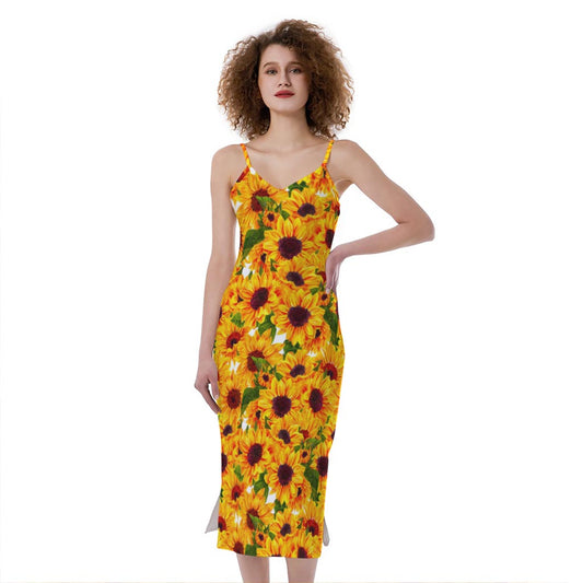 Watercolor Sunflower Pattern Print Slim Fit Midi Cami Dress