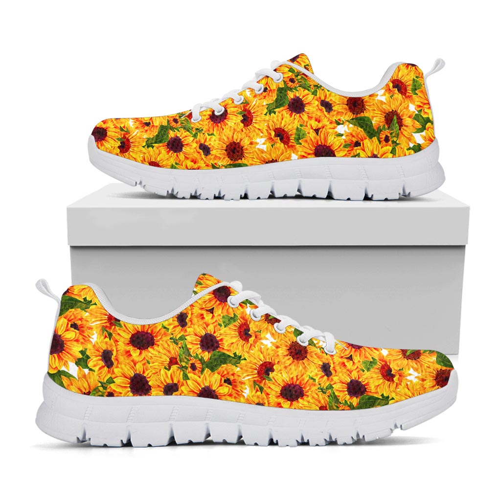 Watercolor Sunflower Pattern Print White Running Shoes