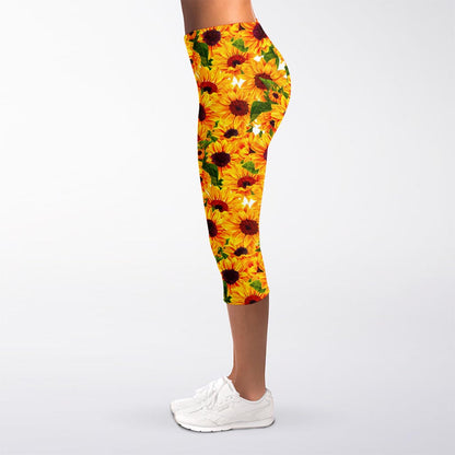 Watercolor Sunflower Pattern Print Women's Capri Leggings