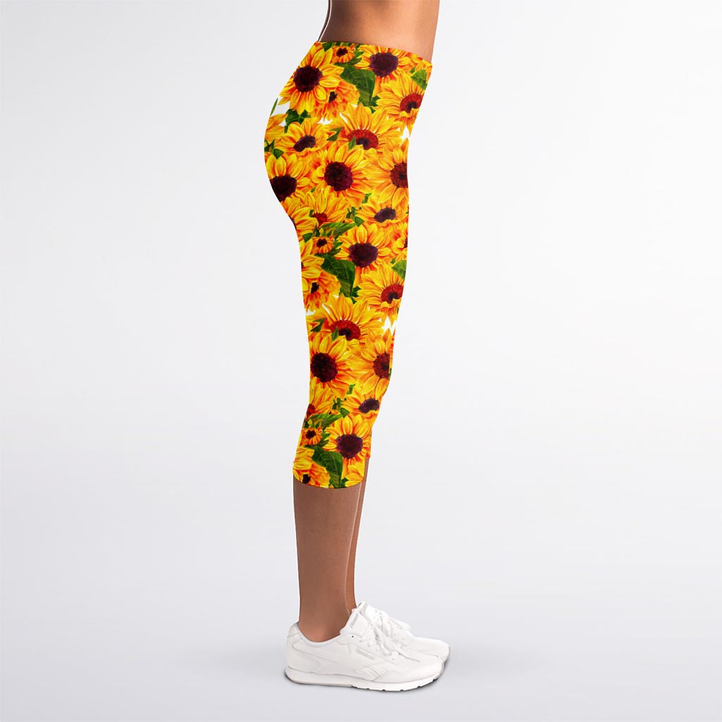 Watercolor Sunflower Pattern Print Women's Capri Leggings
