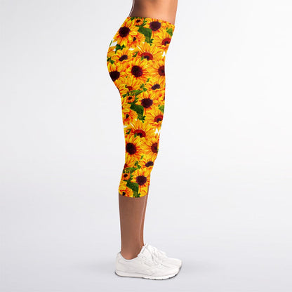 Watercolor Sunflower Pattern Print Women's Capri Leggings