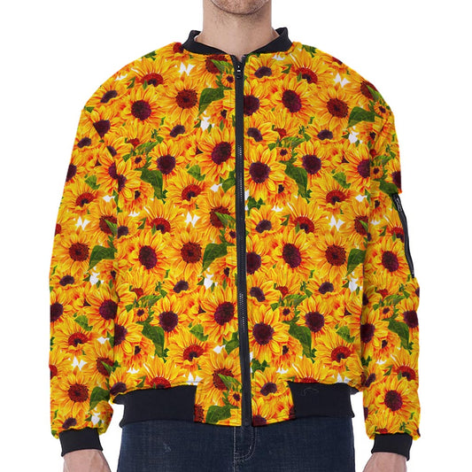 Watercolor Sunflower Pattern Print Zip Sleeve Bomber Jacket