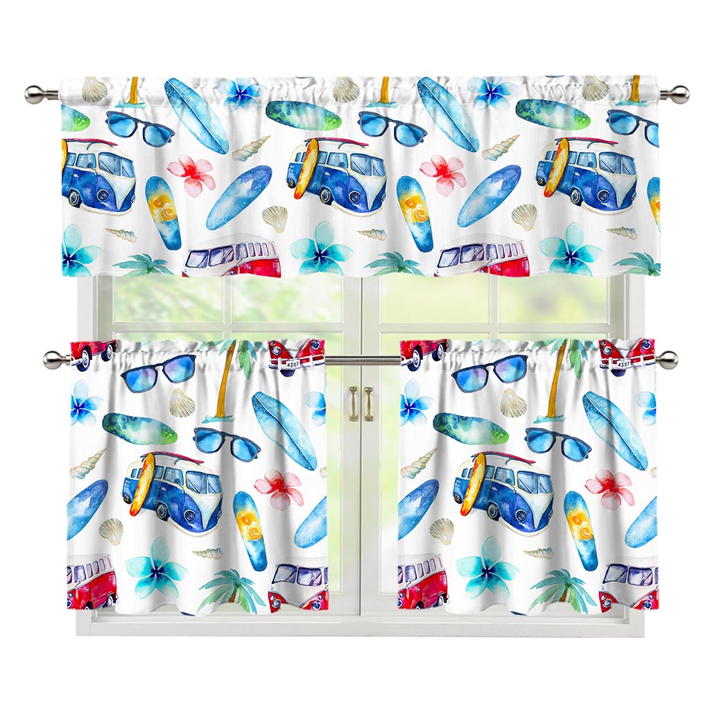 Watercolor Surfing Pattern Print 3 Piece Kitchen Curtains