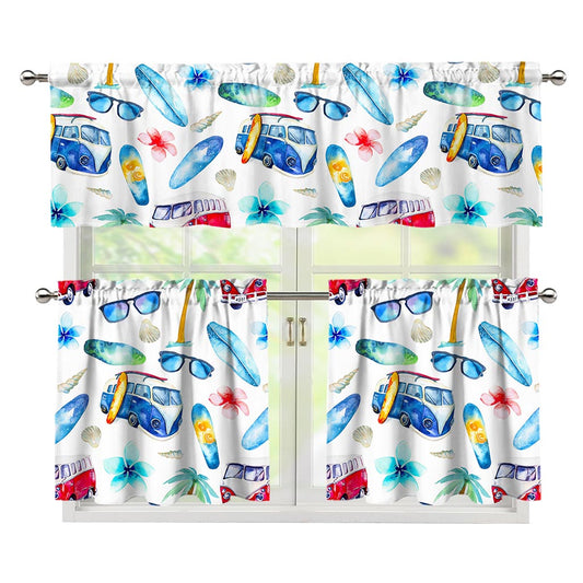 Watercolor Surfing Pattern Print 3 Piece Kitchen Curtains