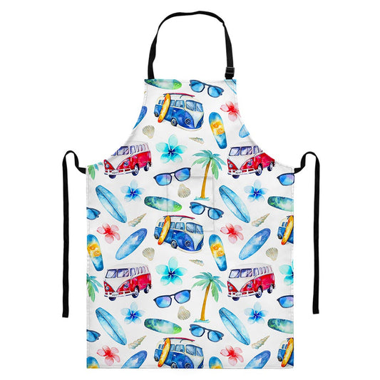 Watercolor Surfing Pattern Print Bib Apron With Pocket