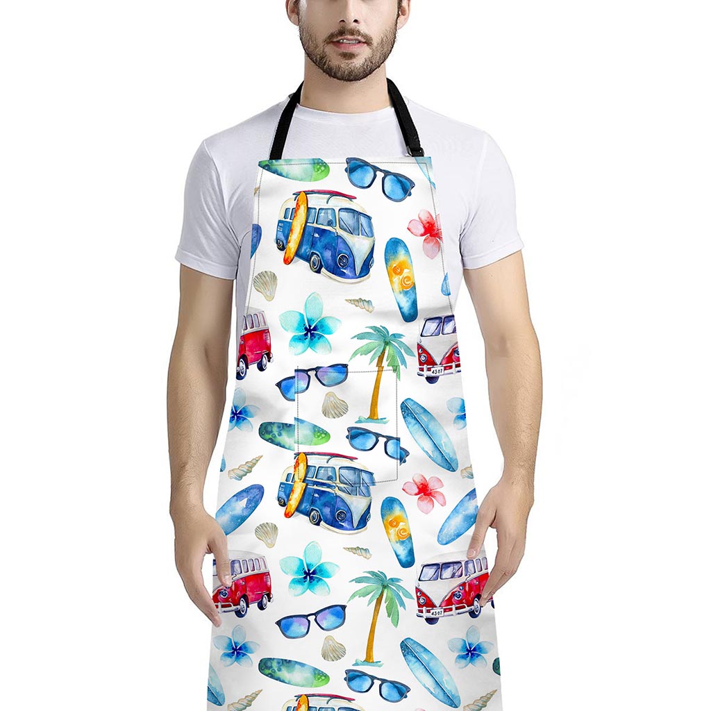 Watercolor Surfing Pattern Print Bib Apron With Pocket