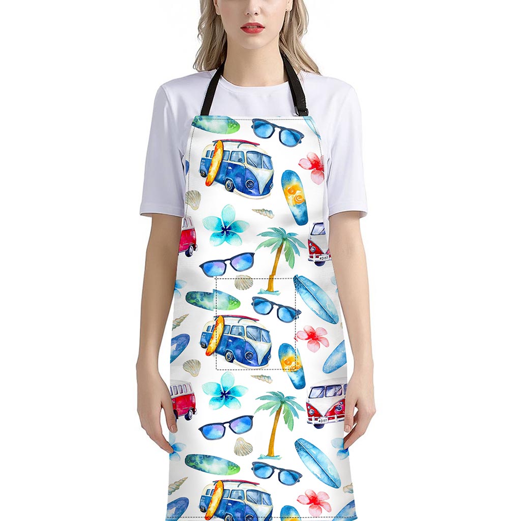 Watercolor Surfing Pattern Print Bib Apron With Pocket