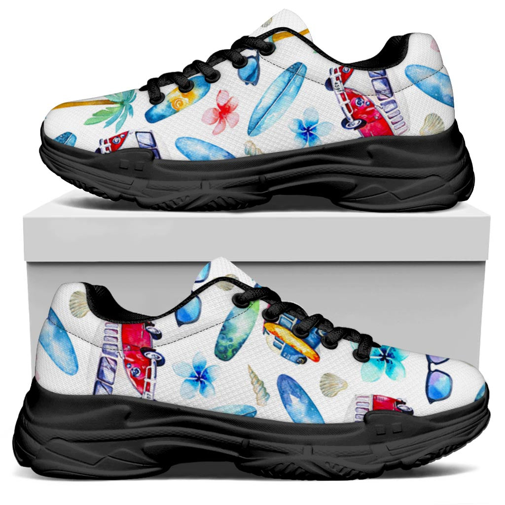 Watercolor Surfing Pattern Print Black Chunky Shoes