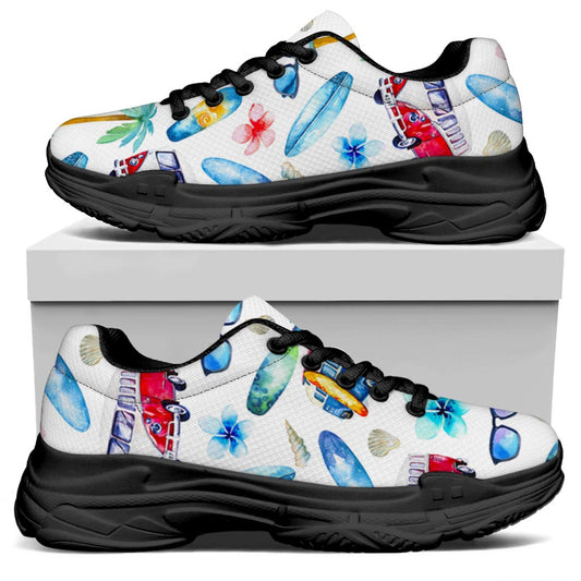 Watercolor Surfing Pattern Print Black Chunky Shoes