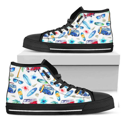 Watercolor Surfing Pattern Print Black High Top Sneakers