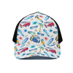 Watercolor Surfing Pattern Print Black Mesh Trucker Cap