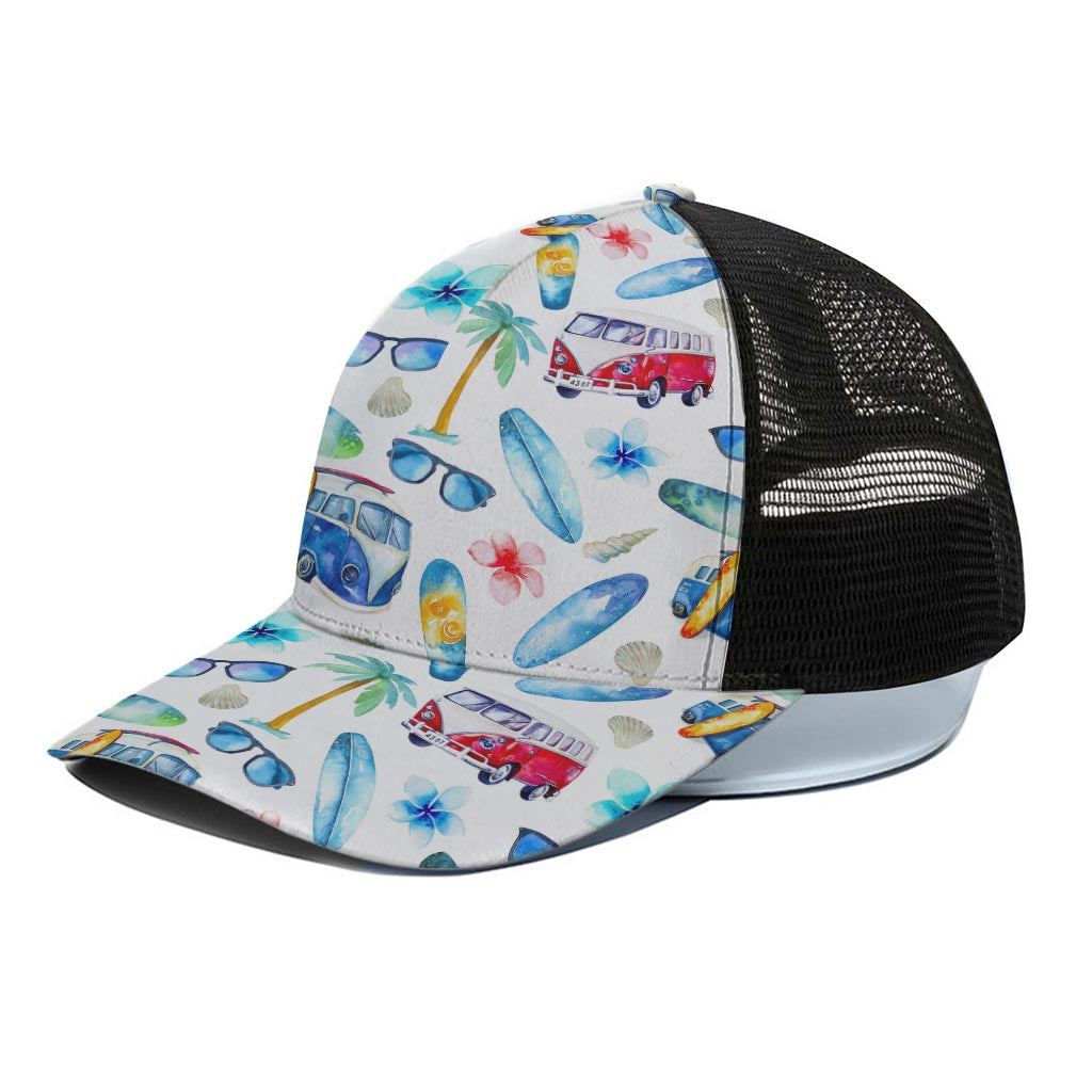 Watercolor Surfing Pattern Print Black Mesh Trucker Cap