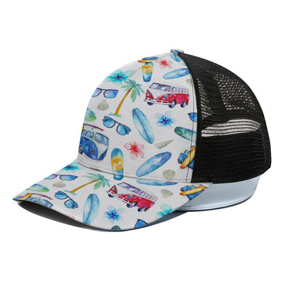 Watercolor Surfing Pattern Print Black Mesh Trucker Cap