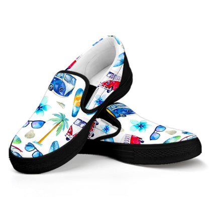 Watercolor Surfing Pattern Print Black Slip On Sneakers
