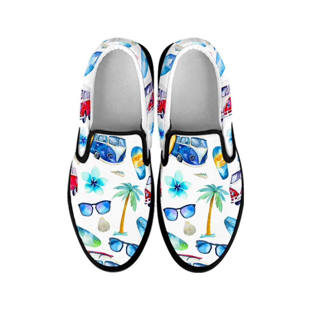 Watercolor Surfing Pattern Print Black Slip On Sneakers