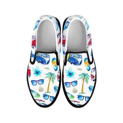 Watercolor Surfing Pattern Print Black Slip On Sneakers