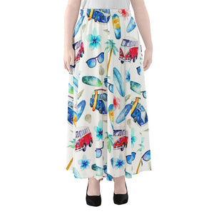 Watercolor Surfing Pattern Print Chiffon Maxi Skirt