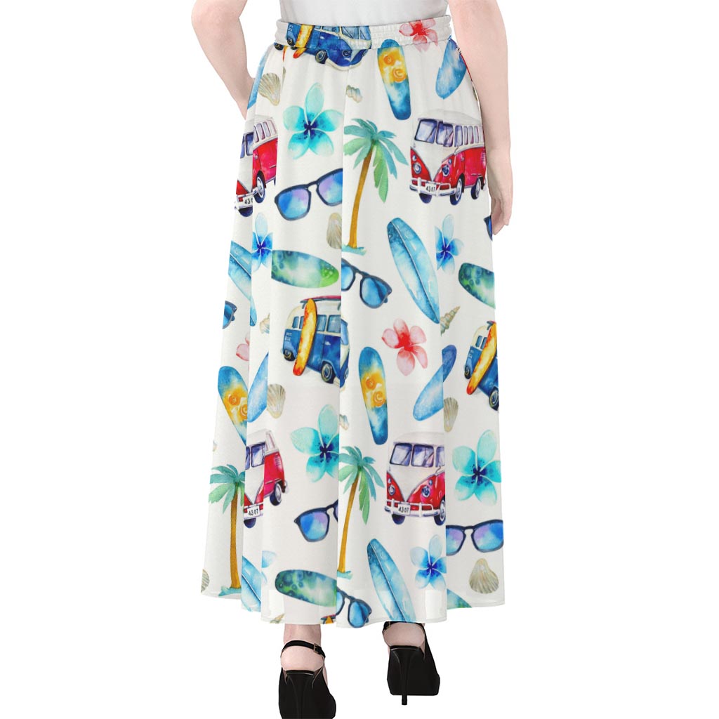 Watercolor Surfing Pattern Print Chiffon Maxi Skirt