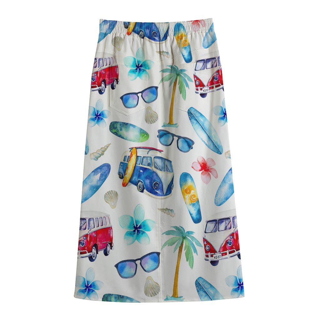 Watercolor Surfing Pattern Print Cotton Front Slit Maxi Skirt
