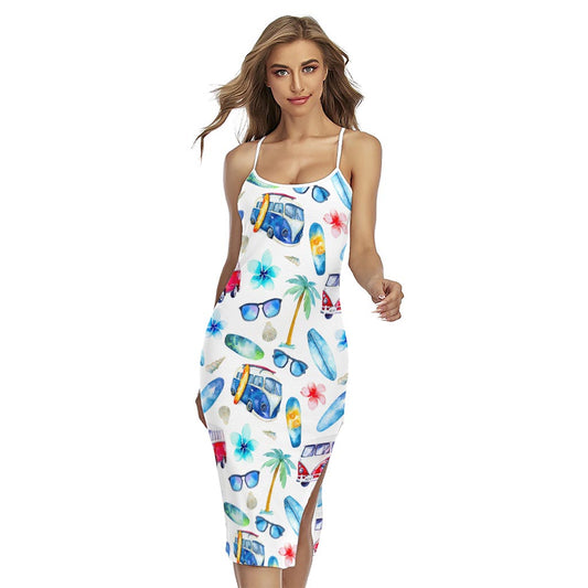 Watercolor Surfing Pattern Print Cross Back Cami Dress