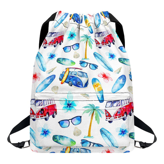 Watercolor Surfing Pattern Print Drawstring Backpack