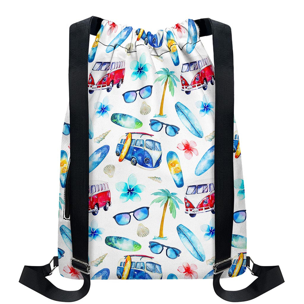 Watercolor Surfing Pattern Print Drawstring Backpack
