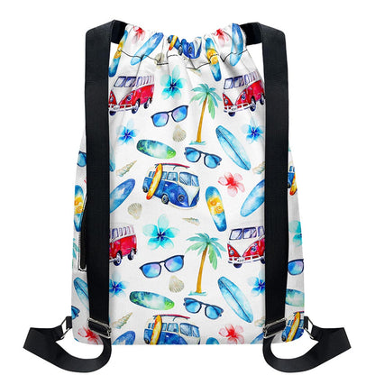 Watercolor Surfing Pattern Print Drawstring Backpack