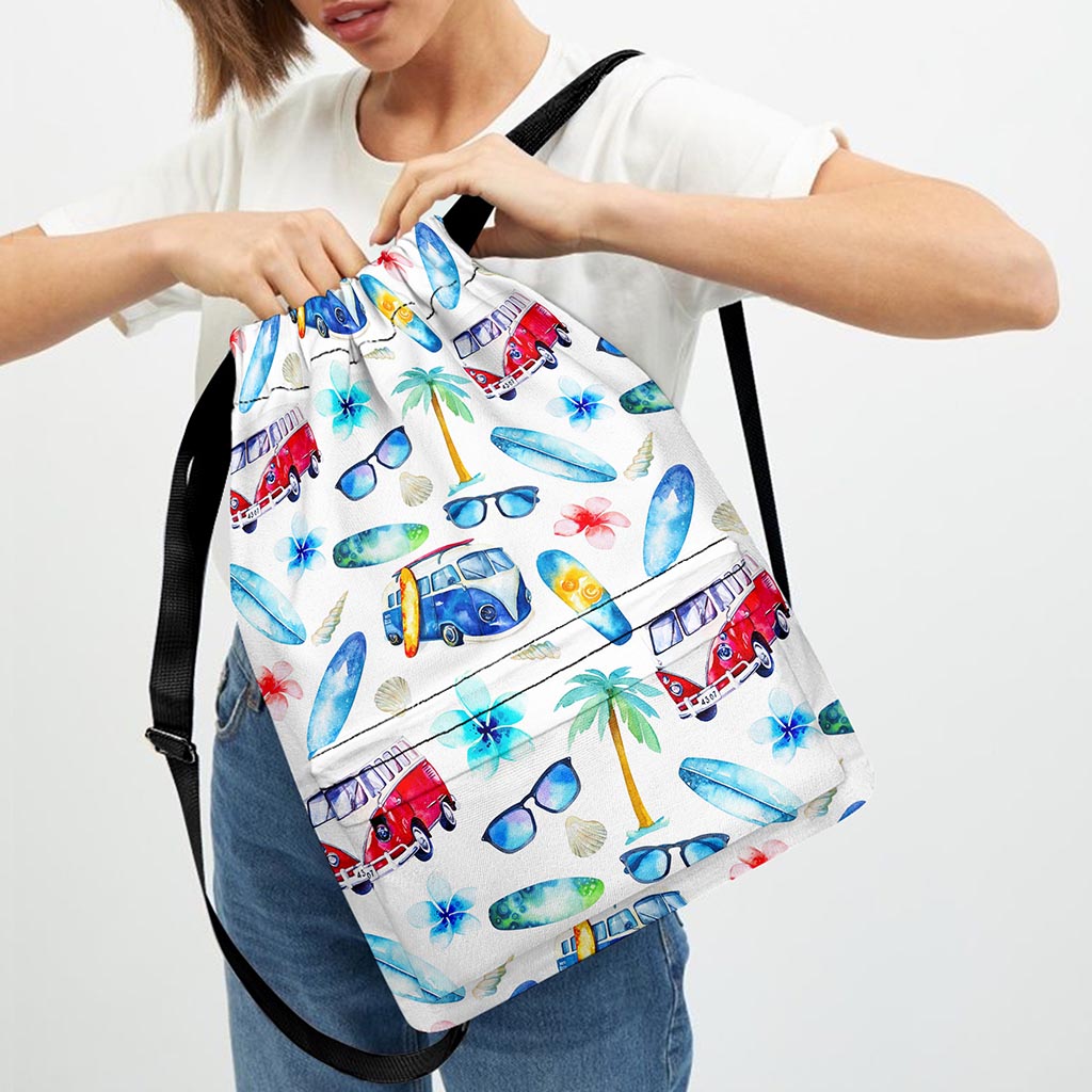 Watercolor Surfing Pattern Print Drawstring Backpack