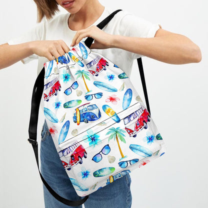 Watercolor Surfing Pattern Print Drawstring Backpack