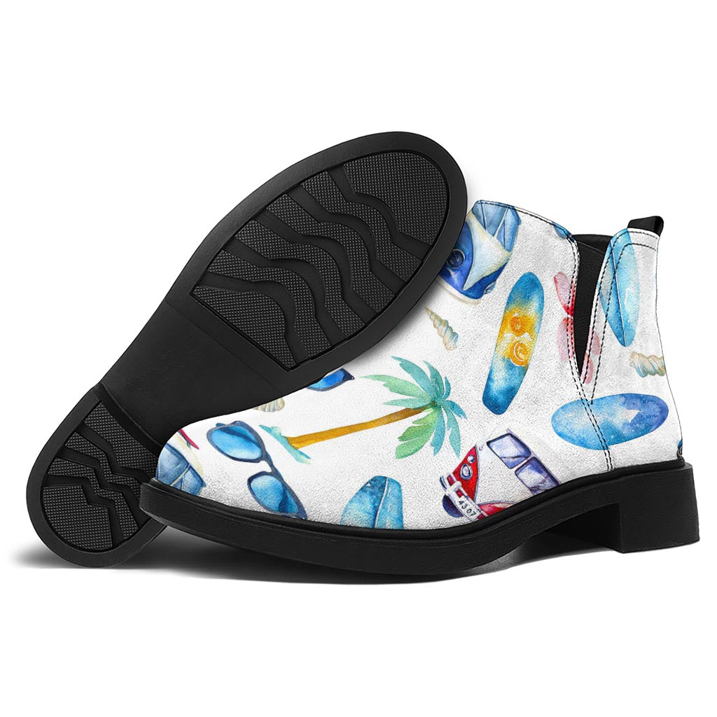 Watercolor Surfing Pattern Print Flat Ankle Boots