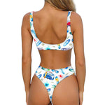 Watercolor Surfing Pattern Print Front Bow Tie Bikini