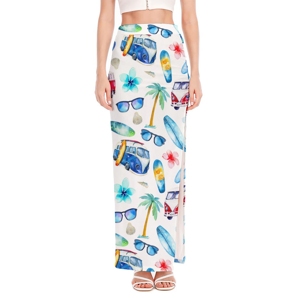 Watercolor Surfing Pattern Print High Slit Maxi Skirt