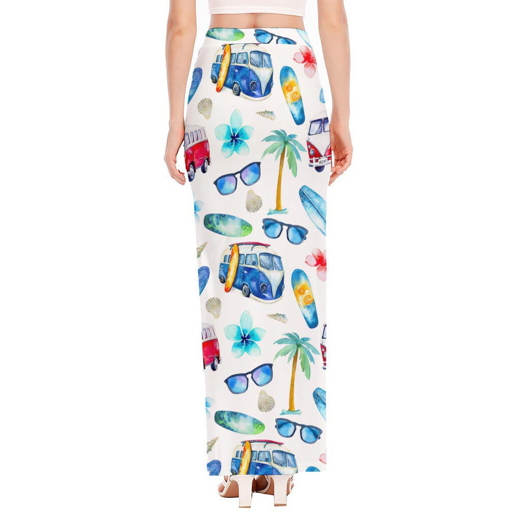 Watercolor Surfing Pattern Print High Slit Maxi Skirt