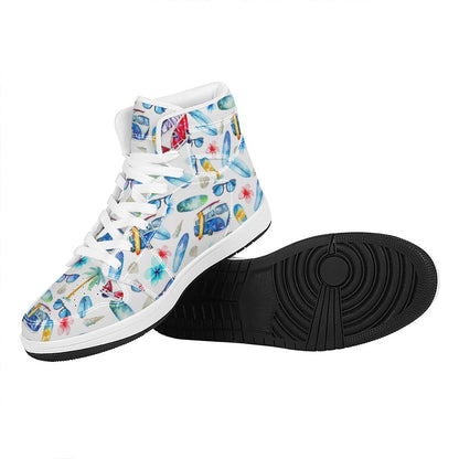 Watercolor Surfing Pattern Print High Top Leather Sneakers