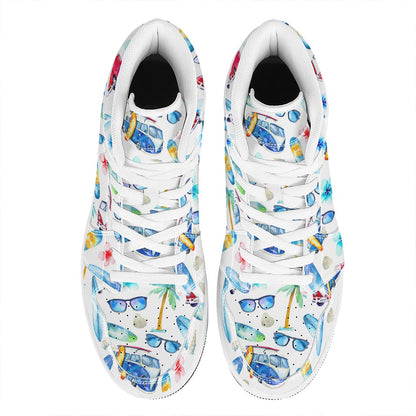 Watercolor Surfing Pattern Print High Top Leather Sneakers