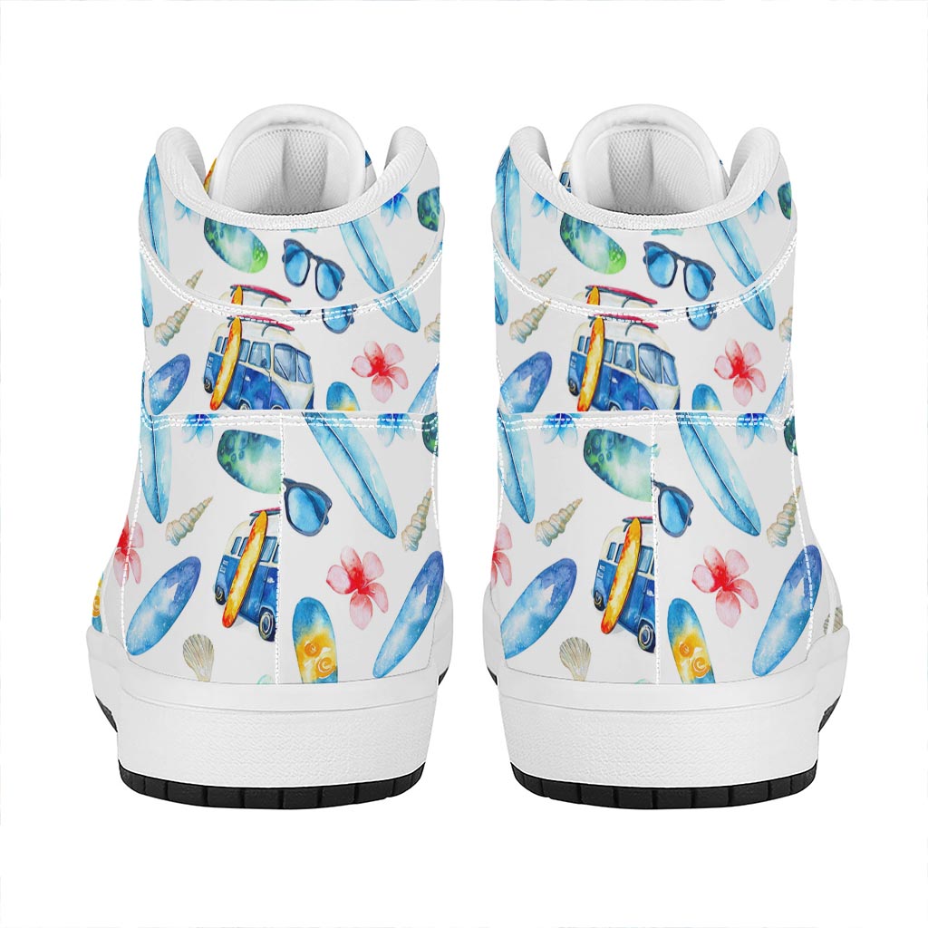 Watercolor Surfing Pattern Print High Top Leather Sneakers