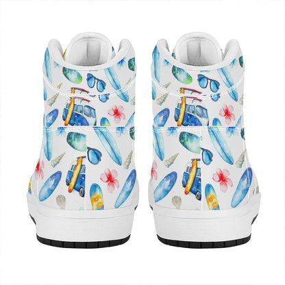 Watercolor Surfing Pattern Print High Top Leather Sneakers