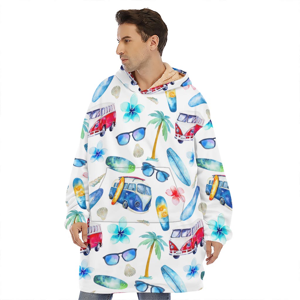 Watercolor Surfing Pattern Print Hoodie Blanket