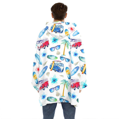 Watercolor Surfing Pattern Print Hoodie Blanket