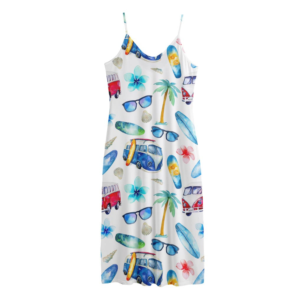 Watercolor Surfing Pattern Print Jersey Midi Cami Dress